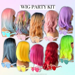 Kit de fête perruque arc-en-ciel | Lot de perruques fluo et de lunettes de soleil coeur | Enterrement de vie de jeune fille