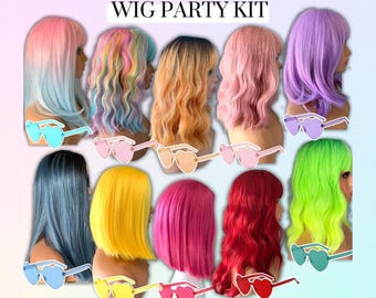 Rainbow Wig Party Kit | Neon Wigs & Heart Sunglasses Bundle | Bachelorette Party