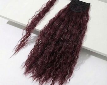 Plum Red Wavy Wrap Around Ponytail Extension | 20" Long Burgundy Ponytail | Beach Wave Texture | Heat-Resistant Hairpiece