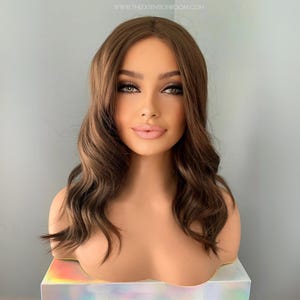 Dark Brown Wavy Wig | Short 16 Inch Brunette Partial Lace Front Wig |  Janelle
