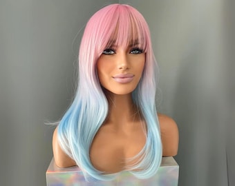 Pastel Pink and Blue Ombre Wig with Bangs | Rainbow Cotton Candy 16 Inch Costume Cosplay Wig | Sugar