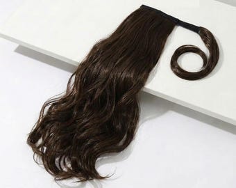 Donkerbruine wikkel paardenstaartverlenging | Gekrulde 18-inch lange paardenstaart | Donkerbruine paardenstaartverlenging, hittebestendig haarstukje