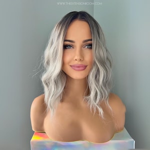 Ombre Grey Bob Wig | Short Wavy Silver Wig Rooted 14 Inch | Mona