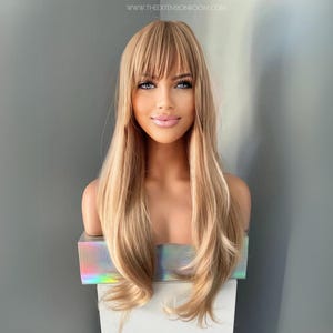longue perruque blonde dorée avec frange | 26 pouces foncé stratifié sans colle | Grâce