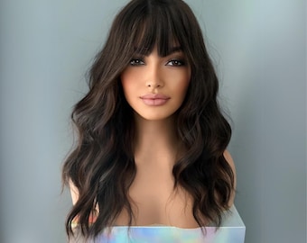 Dark Brown Wig with Bangs | Long Glueless Brunette 20 Inch Wig | Kayla