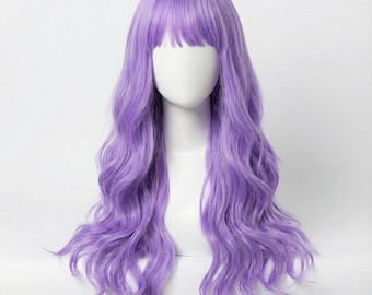 May include: A long, wavy lavender wig featuring a center part and straight-cut bangs. The hair is a vibrant, solid purple color with a soft, flowing texture that cascades down past the shoulders on a white mannequin head.