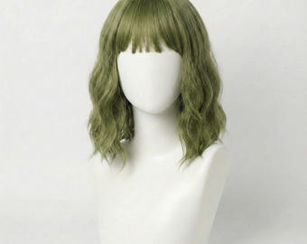 Short Green Wig with Bangs | Wavy Short 14 Inch Bob | Clover