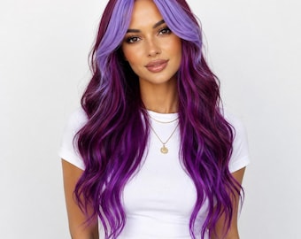 Long Purple Wig with Lavender Highlights | 26 Inch Wavy Ombre Wig Glueless Wig | Harmony