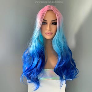 Long Pink and Blue Ombre Wig | Rainbow Wavy 26 Inch Festival Hair | Miami