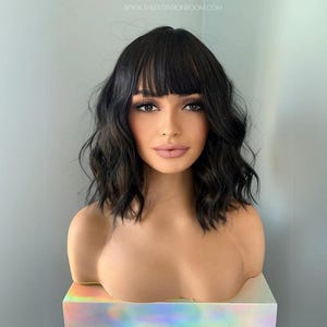 Short Black Wig with Bangs | Wavy 14 Inch Glueless Wig for Women | Zoe