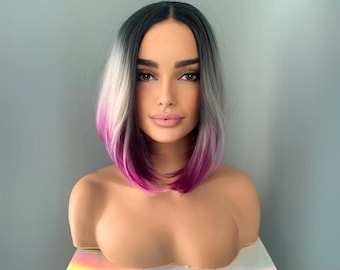 Short Ombre Purple Wig with Dark Root | 12 Inch Straight Bob Lavender Gradient Realistic | Cosplay, Costume Wig | Violet