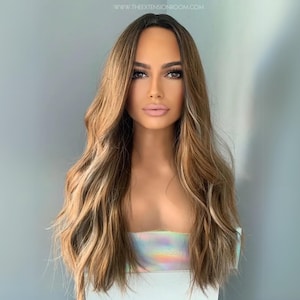 Long Brown Wavy Wig with Face Framing Highlights | Natural 22 Inch Glueless Wig | Natalie
