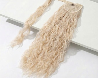 Ash Blonde Wavy Wrap Around Ponytail Extension | 20" Long Ponytail Beach Wave Texture | Heat-Resistant Hairpiece