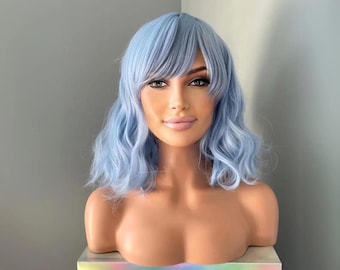 Short Blue Wig with Bangs | Pastel Light Blue Wavy Glueless Bob | 12 Inch Body Wave Wig  | Faye