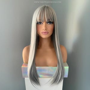 前髪付きロング シルバー グレー ウィッグ | 24 インチ ロング ストレート アッシュ グレー ヘア | 女性用ナチュラル シルキー ウィッグ | Winny