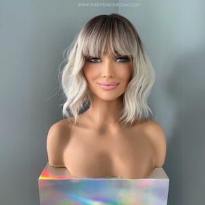 Ombre Blonde Bob Wig with Bangs | Dark Roots, 10 Inch Glueless Wig | Lucy