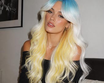 Long Pastel Wavy Wig, 28 Inch Ice Blue Roots with White and Yellow Ombre | Daisy