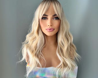 Golden Blonde Wavy Wig with Bangs | Soft Layered 18 Inch Glueless Wig for Women | Farah