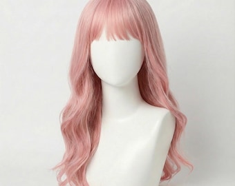 Parrucca lunga rosa con frangia, 50 cm, morbida, ondulata, rosa pastello / Ashlee