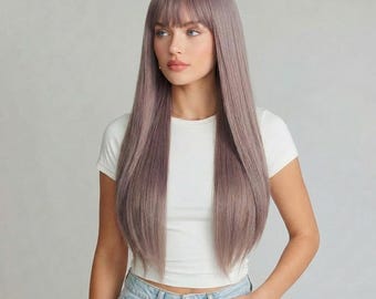 Peluca larga de color morado sutil con flequillo / Peluca lisa malva de 24 pulgadas Peluca suave de color morado y marrón / Piper