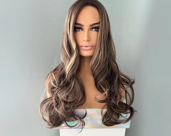 Long Brown Wig with Highlights | 26 Inch Layered Curls Pre-Styled | Devon