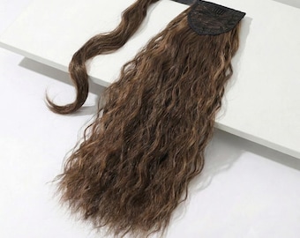 Highlighted Brown Wavy Wrap Around Ponytail Extension | 20" Long Ponytail Beach Wave Texture | Heat-Resistant Hairpiece
