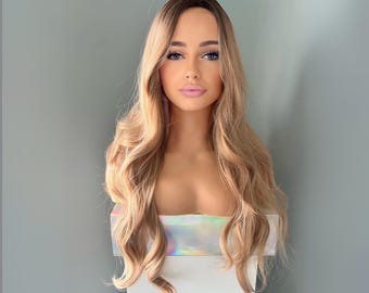 Honey Blonde Wavy Wig | Long 28 Inch Soft Curls, Realistic Dark Roots | Margot