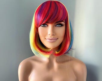 Short Rainbow Bob Wig with Bangs | 10 Inch Multicolour Cosplay Costume Wig | Joy