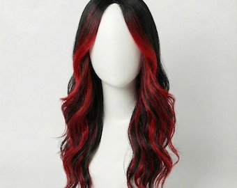Peluca negra con reflejos rojos, 20 pulgadas, ondulada, para disfraz de cosplay, peluca sintética larga con flequillo cortina / Maria