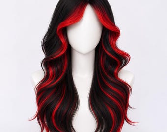 Black Wig with Red Highlights 20 Inch Wavy Cosplay Costume Wig Long Synthetic Wig with Curtain Bangs | Maria