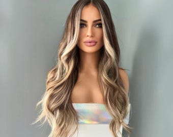 Long Brown Wig with Blonde Highlights | 26 Inch Brunette Glueless Wavy Wig | Brianna