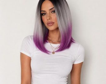 Short Ombre Purple Wig with Dark Root | 12 Inch Straight Bob Cosplay, Costume Wig | Violet