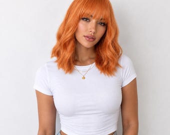 Peluca corta naranja con flequillo, ondulada, sin pegamento, de 35,5 cm (14 pulgadas), para disfraces / Mandarina