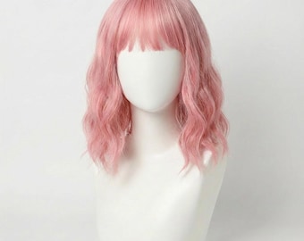 Short Baby Pink Wig with Bangs Wavy Pastel Glueless 14 Inch Bob | Elle