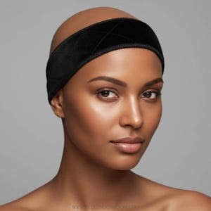 May include: A black velvet headband featuring a quilted diamond pattern and a stitched edge. The headband is wide and fits securely around the head. The text WWW.THEEXTENSIONROOM.COM is printed in small letters at the bottom center.