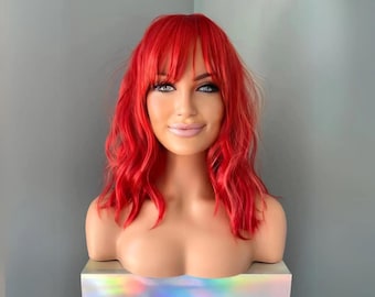 Red Bob Wig with Bangs | Short Wavy 14 Inch Glueless Costume Wig | Cherry