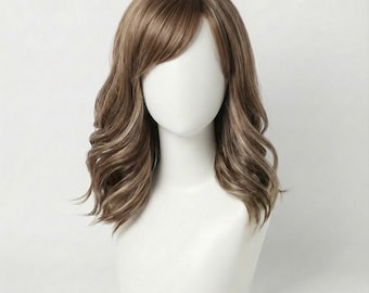 Short Brown Wig Wavy Bob Wig 14 Inch Layered Brunette Wig Shoulder Length Soft Waves Wig | Rachel