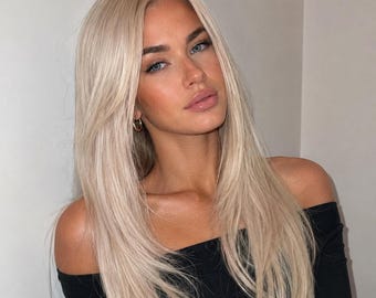 Platinum Blonde Wig | Long 24 Inch Layered Glueless Wig Center Part | Crystal