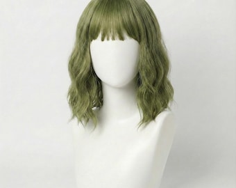 Peluca ondulada verde oliva con flequillo / Peluca corta bob pastel de 14 pulgadas sin pegamento / Clover