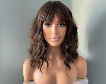 Short Dark Brown Wig with Bangs | 14 Inch Body Wave Bob | Natural Looking Chocolate Brown Glueless Wig | Bianca