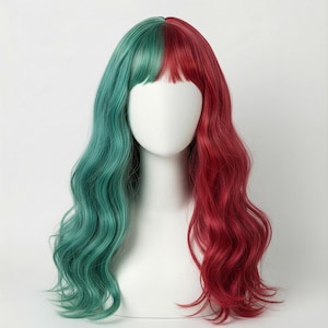 May include: A two-toned wig with long, wavy hair. One side is teal, and the other is a deep red. The wig has bangs and is displayed on a white mannequin head, perfect for cosplay or costume parties.