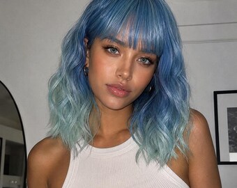 Short Ombre Blue Wig | 14 Inch Bob Wavy Cosplay Wig with Bangs | Isla
