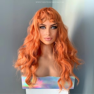 Auburn Curly Wig with Bangs | Orange Glueless Wavy 22 Inch Halloween Costume | Hazel