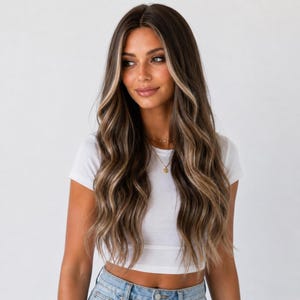 Lange bruine pruik met blonde highlights | 66 cm lange, golvende bruine pruik zonder lijm | Brianna