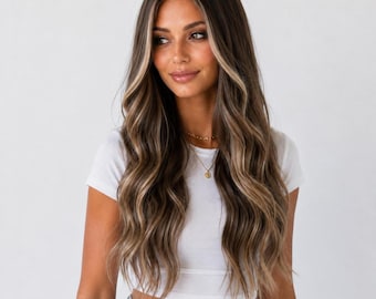 Long Brown Wig with Blonde Highlights | 26 Inch Brunette Glueless Wavy Wig | Brianna
