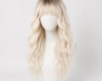 Long Blonde Wig with Bangs | 24 Inch Wavy Rooted Ombre | Camille