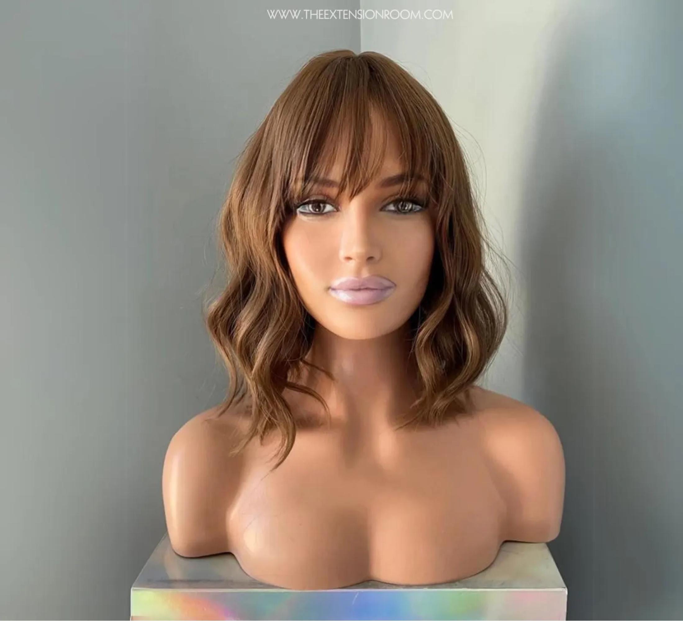 Short Dark Brown Wig with Bangs | 14 Inch Wavy Bob Wig | Natural Looking Brunette Wig | Realistic Glueless Wig | Celeste
