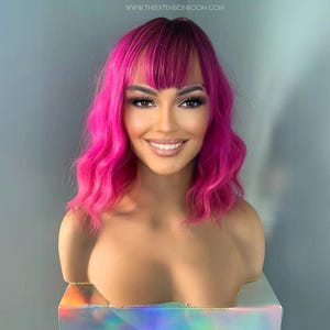 Neon Hot Pink Bob Wig with Bangs | Short 14 Inch Wavy Cosplay Costume | Mimi