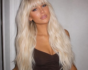 Long Blonde Wig with Bangs | Body Wave Dark Roots 28 Inch | Lily
