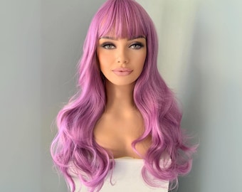 Long Lavender Wavy Wig with Bangs | 24 Inch Purple Glueless Cosplay Hair | Tiara